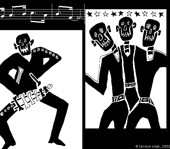 [Dia de los Muertos skeleton playing xylophone bones with 3 Day of the Dead skeleton singers, jazz music background: 20k]